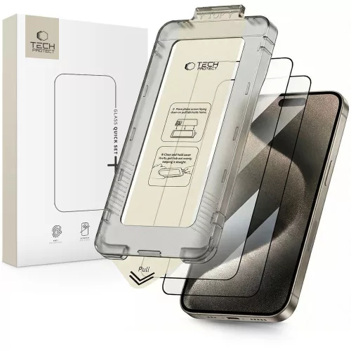 Edzett üveg Tech-protect Quick Set+ 2-pack iPhone 15 Pro Fekete üvegfólia - 