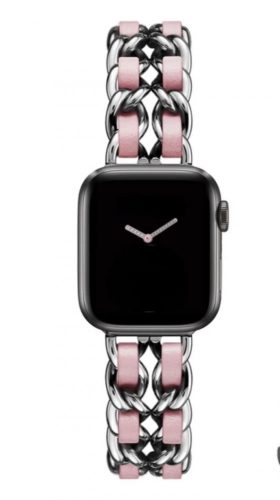 Apple Watch 38/ 40/ 41 mm fém karkötő óraszíj ezüst-pink színű  bőrcsíkkal