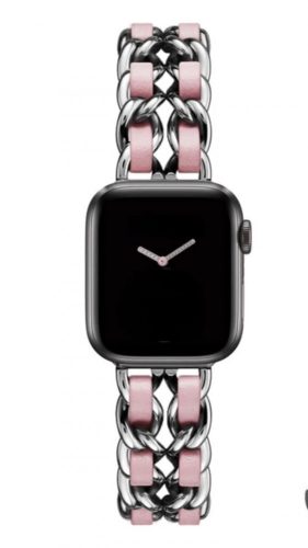 Apple Watch szíj 38/ 40/ 41 mm fém karkötő ezüst-pink, bőrcsíkkal