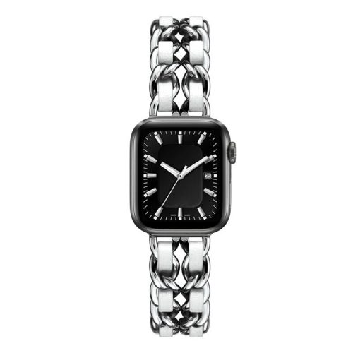 Apple Watch 38/ 40/ 41 mm fém karkötő óraszíj ezüst-fehér színű  bőrcsíkkal