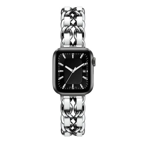 Apple Watch szíj (38/40/41/42mm(Series 10) fém karkötő ezüst-fehér, bőrcsíkkal