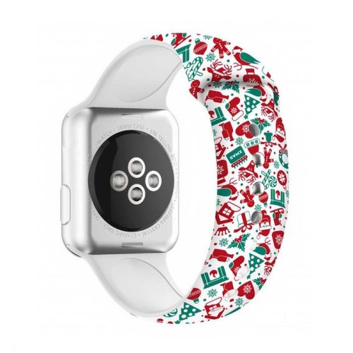 Apple Watch 42/ 44/ 45/ 49 mm karácsonyi mintás szilkon óraszíj,  fehér-ajándék