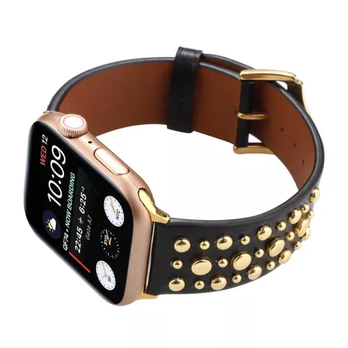 Apple Watch szíj 38/40/41/42mm(Series 10) szegecses bőr óraszíj - fekete