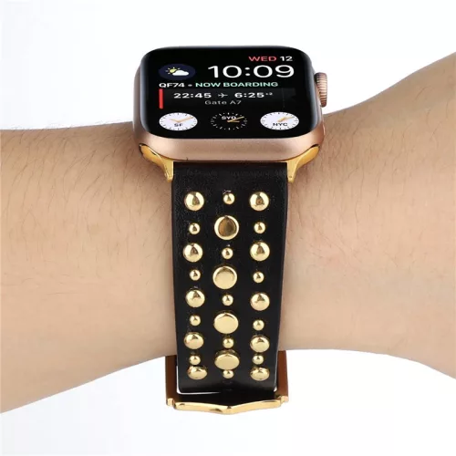 Apple Watch szíj 38/40/41/42mm(Series 10) szegecses bőr óraszíj - fekete