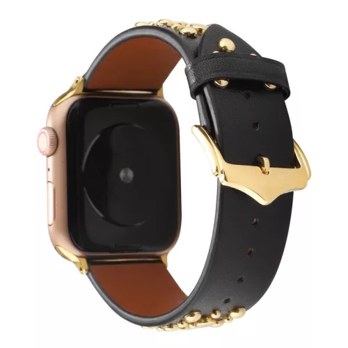 Apple Watch szíj 38/40/41/42mm(Series 10) szegecses bőr óraszíj - fekete