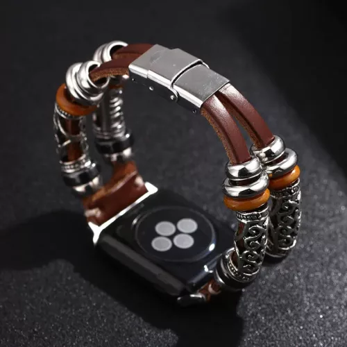 Apple Watch szíj 38/40/41/42mm(Series 10) bőr, rozsdamentes fém díszitéssel - kávé barna