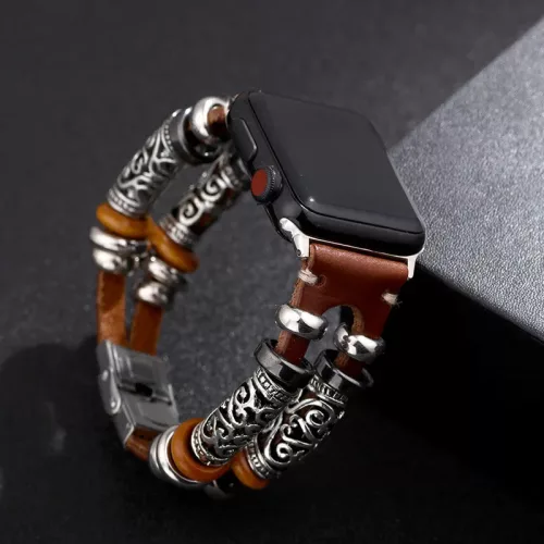 Apple Watch szíj 42/ 44/ 45/ 46 /49 mm bőr, rozsdamentes fém díszitéssel - kávé barna