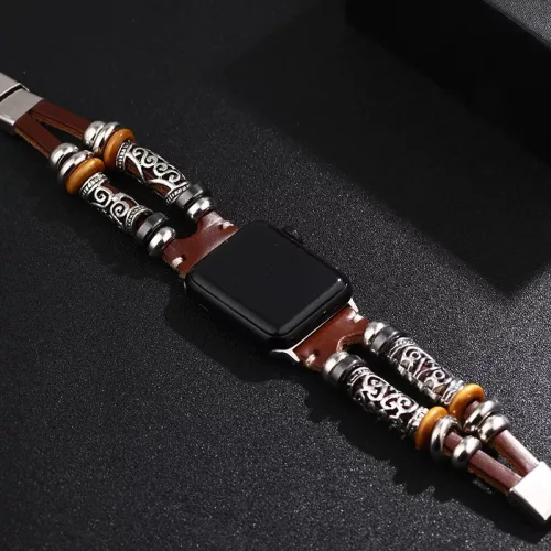 Apple Watch szíj 42/ 44/ 45/ 46 /49 mm bőr, rozsdamentes fém díszitéssel - barna