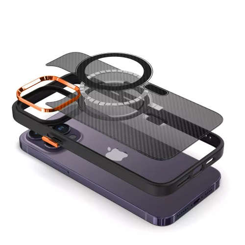 Apple iPhone 13 Pro tok, Magnetic Carbon  fekete-narancs (Magsafe kompatibilis)