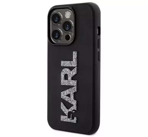 Apple iPhone 15 Pro Max tok, Karl Lagerfeld 3D Rubber Glitter Logo -  fekete