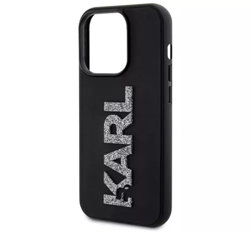 Apple iPhone 15 tok , Karl Lagerfeld 3D Rubber Glitter Logo -  fekete
