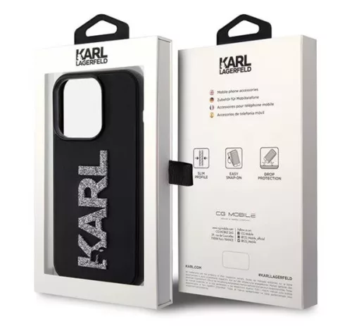 Apple iPhone 15 tok , Karl Lagerfeld 3D Rubber Glitter Logo -  fekete