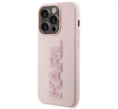 Apple iPhone 15 Pro tok, Karl Lagerfeld 3D Rubber Glitter Logo -  rózsaszín