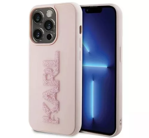 Apple iPhone 15 Pro tok, Karl Lagerfeld 3D Rubber Glitter Logo -  rózsaszín