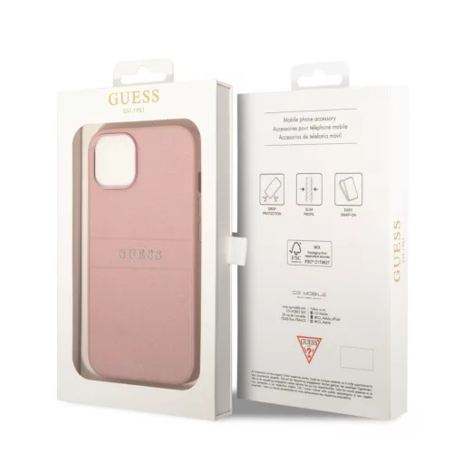 Guess PU Leather Saffiano tok, iPhone 14 Plus - rózsaszín
