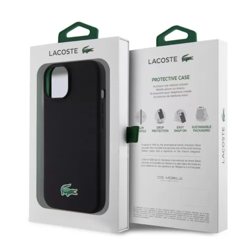 Lacoste Liquid Silicone Microfiber krokodil logós MagSafe tok iPhone 15 -  fekete 