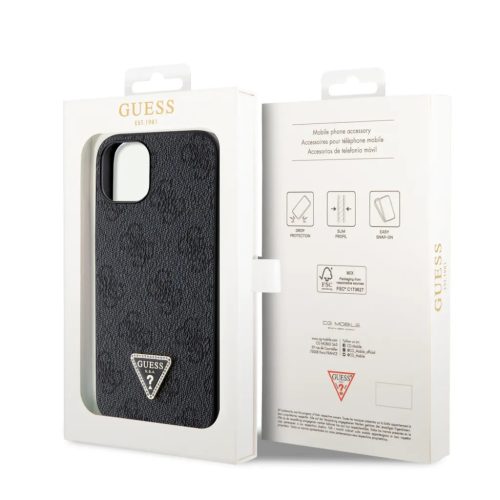 Guess PU 4G Strass Triangle Metal Logo tok, iPhone 16 Pro - fekete
