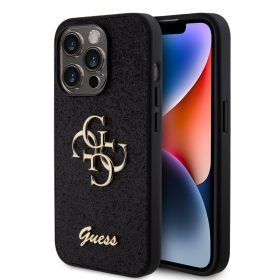   Guess PU Fixed Glitter 4G Metal Logo tok, iPhone 16 Pro - fekete