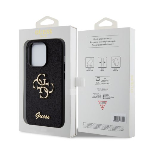 Guess PU Fixed Glitter 4G Metal Logo tok, iPhone 16 Pro - fekete