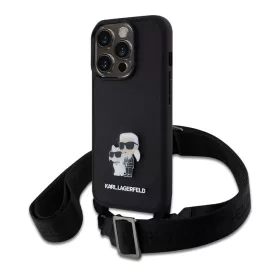  Karl Lagerfeld Saffiano Crossbody Popruh Metal Karl and Choupette tok, iPhone 15 Pro - fekete -