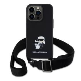  Karl Lagerfeld Saffiano Crossbody Popruh Metal Karl and Choupette tok, iPhone 15 Pro - fekete -