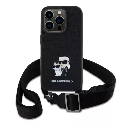 Karl Lagerfeld Saffiano Crossbody Popruh Metal Karl and Choupette tok, iPhone 15 Pro - fekete -