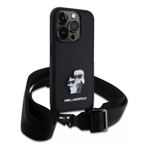 Karl Lagerfeld Saffiano Crossbody Popruh Metal Karl and Choupette tok, iPhone 15 Pro - fekete -