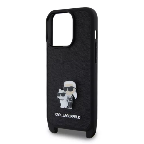 Karl Lagerfeld Saffiano Crossbody Popruh Metal Karl and Choupette tok, iPhone 15 Pro - fekete -