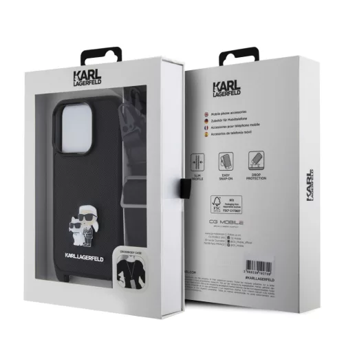Karl Lagerfeld Saffiano Crossbody Popruh Metal Karl and Choupette tok, iPhone 15 Pro - fekete -