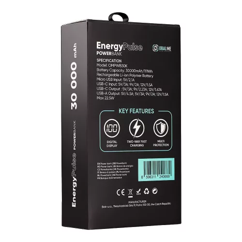  OBAL:ME EnergyPulse Powerbank 30000mAh, 22,5W, - fekete