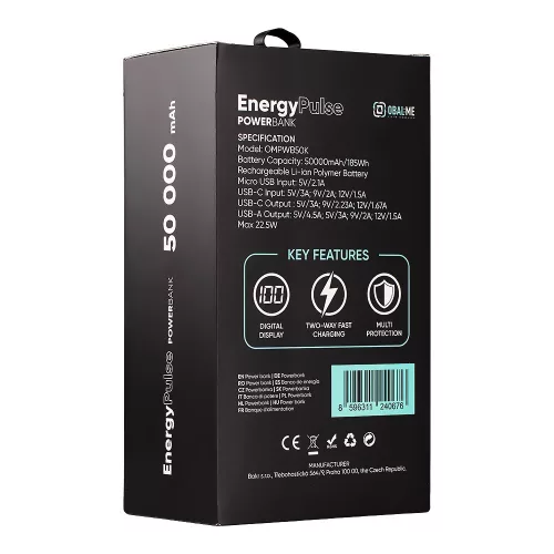 OBAL:ME EnergyPulse Powerbank 50000mAh, 22,5W, - fekete