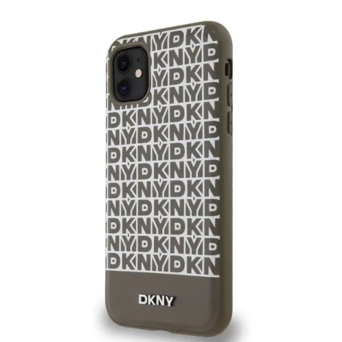 DKNY PU Leather Repeat Pattern Bottom Stripe MagSafe tok, iPhone 11 - barna