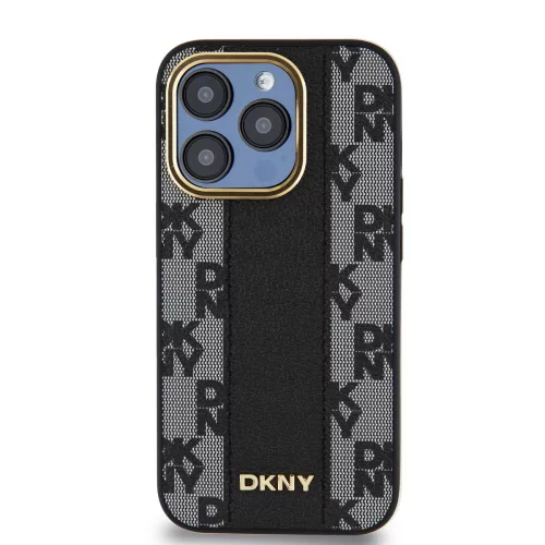 DKNY PU Leather Checkered Pattern Magsafe tok, iPhone 15 Pro - fekete