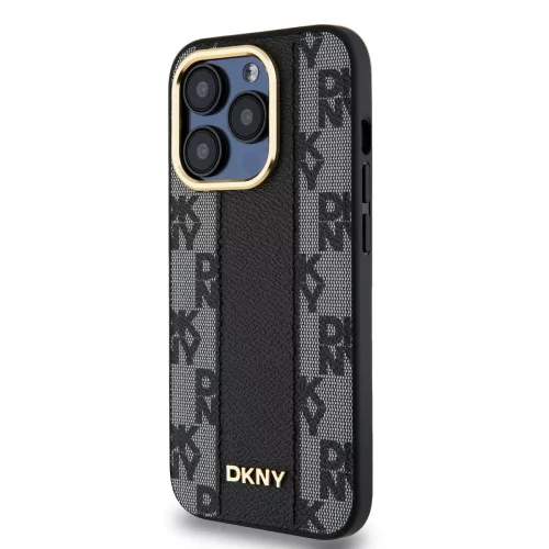 DKNY PU Leather Checkered Pattern Magsafe tok, iPhone 15 Pro - fekete
