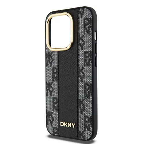 DKNY PU Leather Checkered Pattern Magsafe tok, iPhone 15 Pro Max - fekete