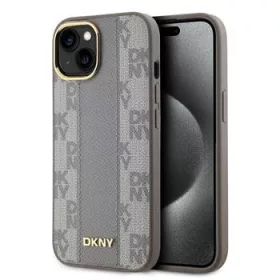   DKNY PU Leather Checkered Pattern Magsafe tok, iPhone 15 - bézs