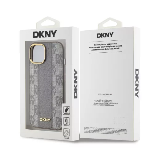 DKNY PU Leather Checkered Pattern Magsafe tok, iPhone 15 - bézs