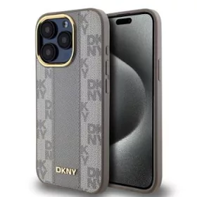   DKNY PU Leather Checkered Pattern Magsafe tok, iPhone 15 Pro - bézs