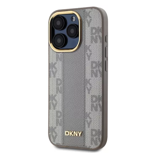DKNY PU Leather Checkered Pattern Magsafe tok, iPhone 15 Pro - bézs