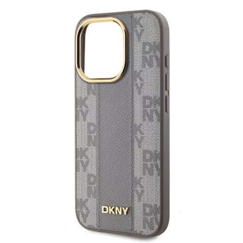 DKNY PU Leather Checkered Pattern Magsafe tok, iPhone 15 Pro - bézs