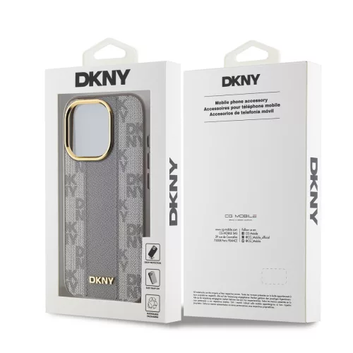 DKNY PU Leather Checkered Pattern Magsafe tok, iPhone 15 Pro - bézs