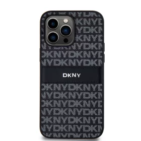   DKNY PU Leather Repeat Pattern Tonal Stripe tok, iPhone 14 Pro - fekete