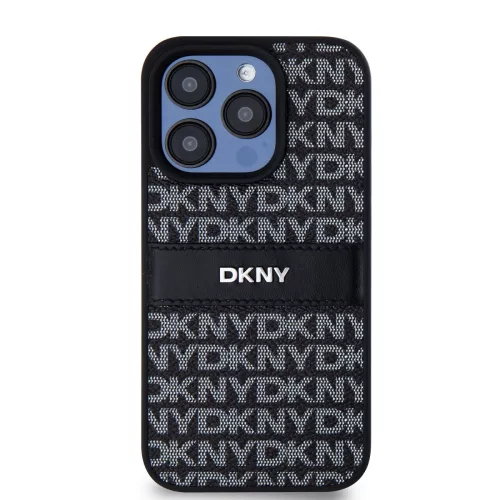 DKNY PU Leather Repeat Pattern Tonal Stripe tok, iPhone 15 Pro - fekete
