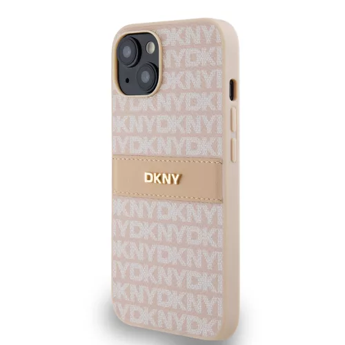DKNY PU Leather Repeat Pattern Tonal Stripe tok, iPhone 14 - rózsaszín