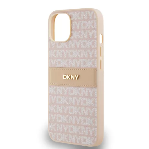 DKNY PU Leather Repeat Pattern Tonal Stripe tok, iPhone 14 - rózsaszín
