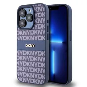   DKNY PU Leather Repeat Pattern Tonal Stripe tok, iPhone 15 Pro - kék