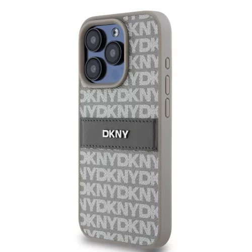 DKNY PU Leather Repeat Pattern Tonal Stripe tok, iPhone 15 Pro - bézs