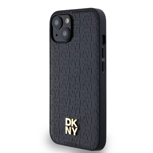 DKNY PU Leather Repeat Pattern Stack Logo Magsafe tok, iPhone 15 - fekete