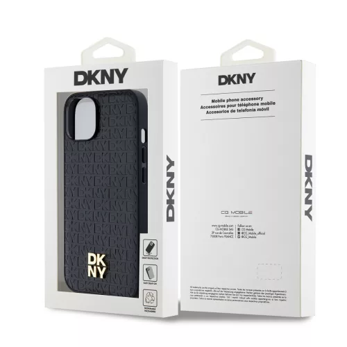 DKNY PU Leather Repeat Pattern Stack Logo Magsafe tok, iPhone 15 - fekete