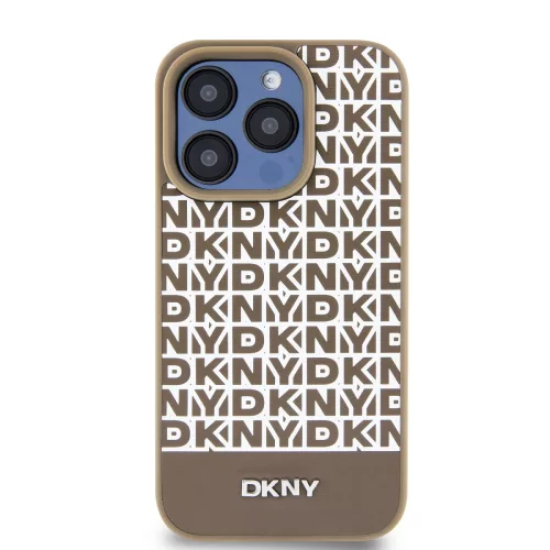 DKNY PU Leather Repeat Pattern Bottom Stripe MagSafe tok, iPhone 13 Pro Max - barna
